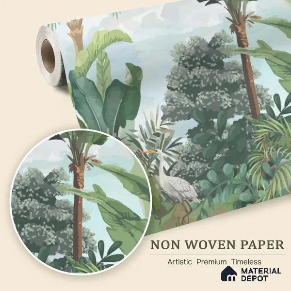 Verdant Aviary Tropical Mist Nature Art | WP 03992 Non Woven Matte Finish Tropical Style Premium Customized size Wallpaper | 150 GSM WP01MTF Paper | (MOQ = 30 Sq. Ft.)