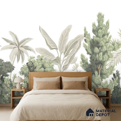 Misty Tropical Silhouettes Nature Art | WP 03993 B Canvas Texture Finish Tropical Style luxurious Customized size Wallpaper | 250 GSM WP01CNF Paper | (MOQ = 30 Sq. Ft.)
