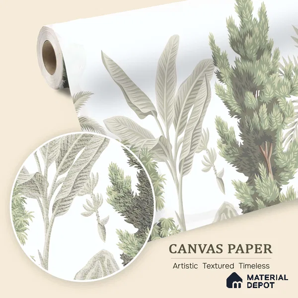 Misty Tropical Silhouettes Nature Art | WP 03993 B Canvas Texture Finish Tropical Style luxurious Customized size Wallpaper | 250 GSM WP01CNF Paper | (MOQ = 30 Sq. Ft.)