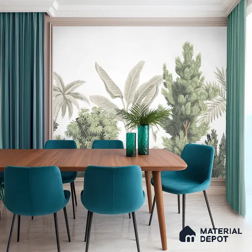 Misty Tropical Silhouettes Nature Art | WP 03993 Non Woven Matte Finish Tropical Style Premium Customized size Wallpaper | 150 GSM WP01MTF Paper | (MOQ = 30 Sq. Ft.)