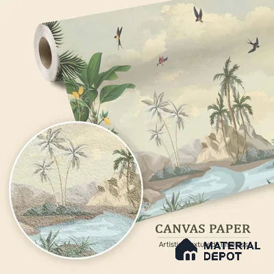 Palm Coast Reverie Tropical Mist Nature Art | WP 03994 B Canvas Texture Finish Tropical Style luxurious Customized size Wallpaper | 250 GSM WP01CNF Paper | (MOQ = 30 Sq. Ft.)