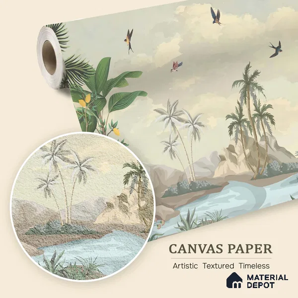 Palm Coast Reverie Tropical Mist Nature Art | WP 03994 B Canvas Texture Finish Tropical Style luxurious Customized size Wallpaper | 250 GSM WP01CNF Paper | (MOQ = 30 Sq. Ft.)