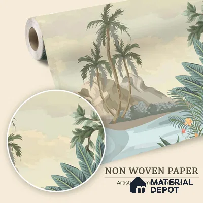 Palm Coast Reverie Tropical Mist Nature Art | WP 03994 Non Woven Matte Finish Tropical Style Premium Customized size Wallpaper | 150 GSM WP01MTF Paper | (MOQ = 30 Sq. Ft.)