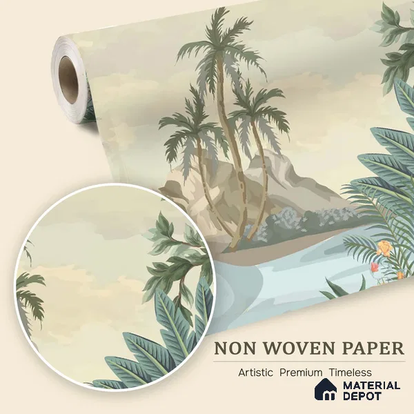 Palm Coast Reverie Tropical Mist Nature Art | WP 03994 Non Woven Matte Finish Tropical Style Premium Customized size Wallpaper | 150 GSM WP01MTF Paper | (MOQ = 30 Sq. Ft.)