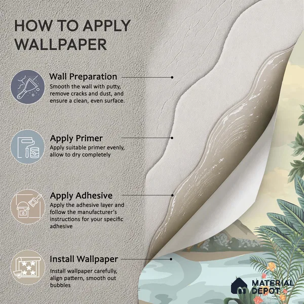 Palm Coast Reverie Tropical Mist Nature Art | WP 03994 Non Woven Matte Finish Tropical Style Premium Customized size Wallpaper | 150 GSM WP01MTF Paper | (MOQ = 30 Sq. Ft.)