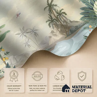 Palm Coast Reverie Tropical Mist Nature Art | WP 03994 Non Woven Matte Finish Tropical Style Premium Customized size Wallpaper | 150 GSM WP01MTF Paper | (MOQ = 30 Sq. Ft.)