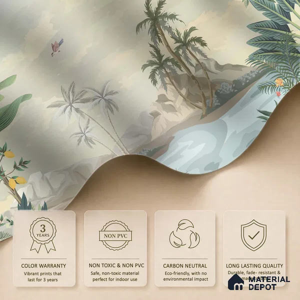 Palm Coast Reverie Tropical Mist Nature Art | WP 03994 Non Woven Matte Finish Tropical Style Premium Customized size Wallpaper | 150 GSM WP01MTF Paper | (MOQ = 30 Sq. Ft.)