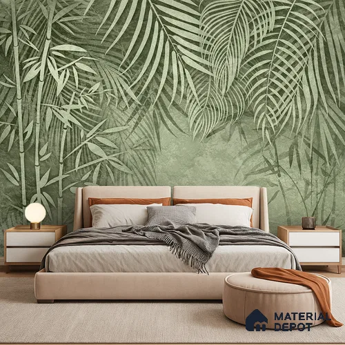 Verdant Canopy Mist Abstract Nature Art | WP 03995 B Canvas Texture Finish Tropical Style luxurious Customized size Wallpaper | 250 GSM WP01CNF Paper | (MOQ = 30 Sq. Ft.) | Design change not possible