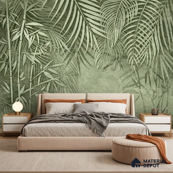 Verdant Canopy Mist Abstract Nature Art | WP 03995 B Canvas Texture Finish Tropical Style luxurious Customized size Wallpaper | 250 GSM WP01CNF Paper | (MOQ = 30 Sq. Ft.) | Design change not possible