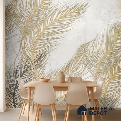 Gilded Plume Whisper Abstract Nature Art | WP 03996 B Canvas Texture Finish Tropical Style luxurious Customized size Wallpaper | 250 GSM WP01CNF Paper | (MOQ = 30 Sq. Ft.) | Design change not possible