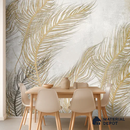 Gilded Plume Whisper Abstract Nature Art | WP 03996 B Canvas Texture Finish Tropical Style luxurious Customized size Wallpaper | 250 GSM WP01CNF Paper | (MOQ = 30 Sq. Ft.) | Design change not possible