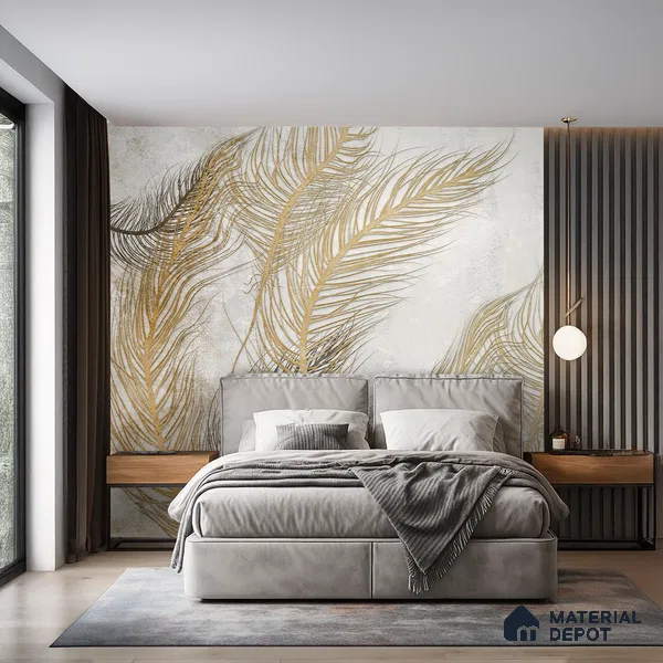 Gilded Plume Whisper Abstract Nature Art | WP 03996 B Canvas Texture Finish Tropical Style luxurious Customized size Wallpaper | 250 GSM WP01CNF Paper | (MOQ = 30 Sq. Ft.) | Design change not possible