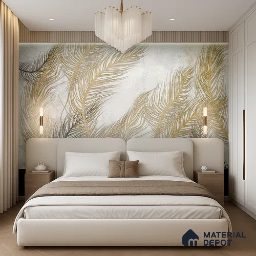 Gilded Plume Whisper Abstract Nature Art | WP 03996 B Canvas Texture Finish Tropical Style luxurious Customized size Wallpaper | 250 GSM WP01CNF Paper | (MOQ = 30 Sq. Ft.) | Design change not possible