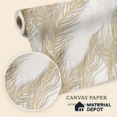Gilded Plume Whisper Abstract Nature Art | WP 03996 B Canvas Texture Finish Tropical Style luxurious Customized size Wallpaper | 250 GSM WP01CNF Paper | (MOQ = 30 Sq. Ft.) | Design change not possible