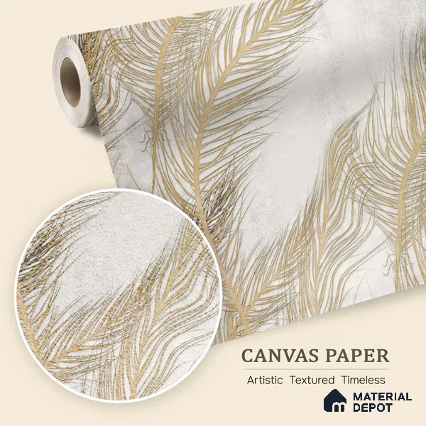Gilded Plume Whisper Abstract Nature Art | WP 03996 B Canvas Texture Finish Tropical Style luxurious Customized size Wallpaper | 250 GSM WP01CNF Paper | (MOQ = 30 Sq. Ft.) | Design change not possible