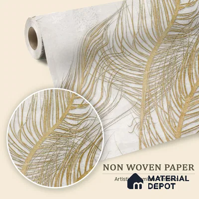 Gilded Plume Whisper Abstract Nature Art | WP 03996 Non Woven Matte Finish Tropical Style Premium Customized size Wallpaper | 150 GSM WP01MTF Paper | (MOQ = 30 Sq. Ft.) | Design change not possible