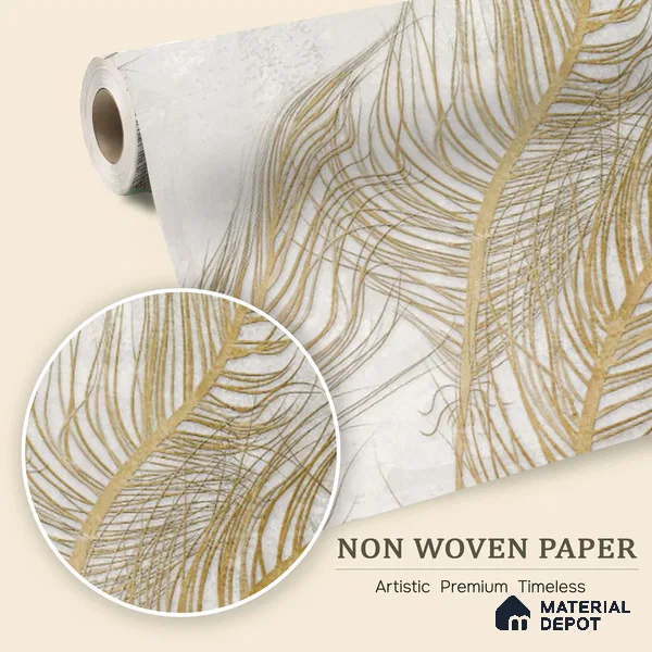 Gilded Plume Whisper Abstract Nature Art | WP 03996 Non Woven Matte Finish Tropical Style Premium Customized size Wallpaper | 150 GSM WP01MTF Paper | (MOQ = 30 Sq. Ft.) | Design change not possible