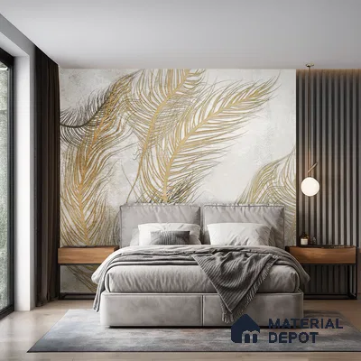 Gilded Plume Whisper Abstract Nature Art | WP 03996 Non Woven Matte Finish Tropical Style Premium Customized size Wallpaper | 150 GSM WP01MTF Paper | (MOQ = 30 Sq. Ft.) | Design change not possible