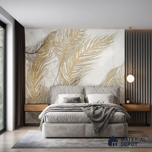 Gilded Plume Whisper Abstract Nature Art | WP 03996 Non Woven Matte Finish Tropical Style Premium Customized size Wallpaper | 150 GSM WP01MTF Paper | (MOQ = 30 Sq. Ft.) | Design change not possible