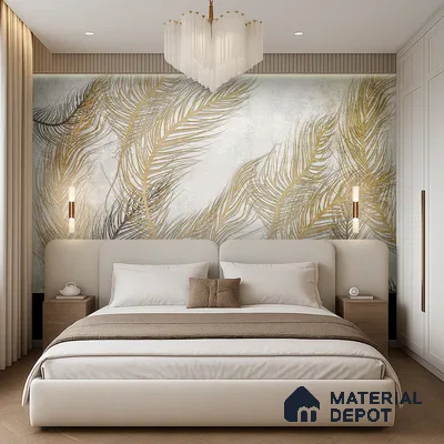 Gilded Plume Whisper Abstract Nature Art | WP 03996 Non Woven Matte Finish Tropical Style Premium Customized size Wallpaper | 150 GSM WP01MTF Paper | (MOQ = 30 Sq. Ft.) | Design change not possible