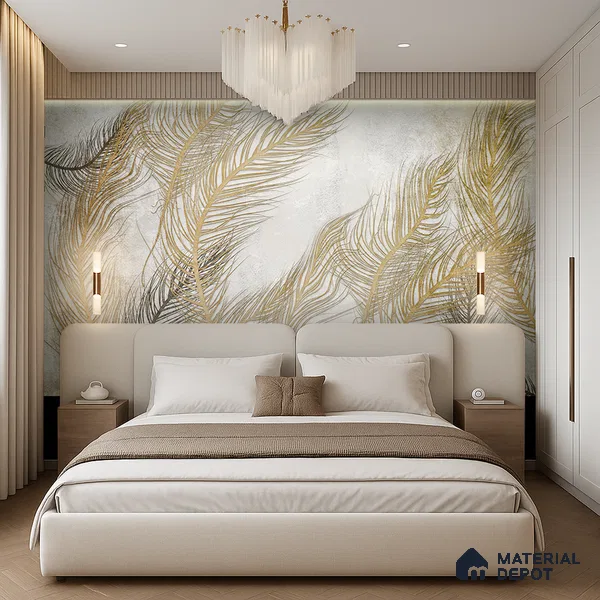 Gilded Plume Whisper Abstract Nature Art | WP 03996 Non Woven Matte Finish Tropical Style Premium Customized size Wallpaper | 150 GSM WP01MTF Paper | (MOQ = 30 Sq. Ft.) | Design change not possible