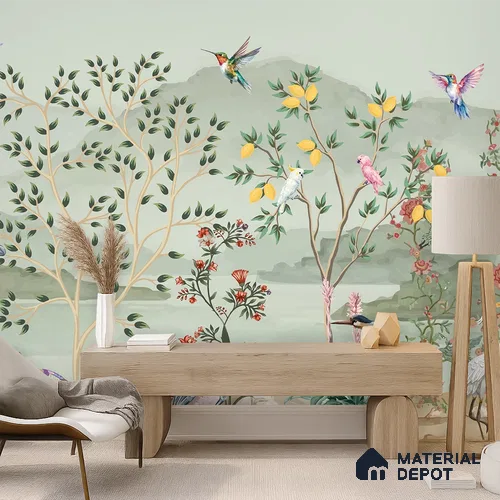 Songbirds of the Lemon Grove Artistic Charm Designer | WP 03998 B Canvas Texture Finish Tropical Style luxurious Customized size Wallpaper | 250 GSM WP01CNF Paper | (MOQ = 30 Sq. Ft.)