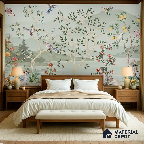 Songbirds of the Lemon Grove Artistic Charm Designer | WP 03998 B Canvas Texture Finish Tropical Style luxurious Customized size Wallpaper | 250 GSM WP01CNF Paper | (MOQ = 30 Sq. Ft.)