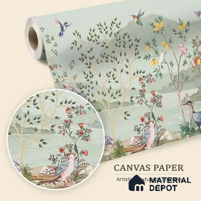 Songbirds of the Lemon Grove Artistic Charm Designer | WP 03998 B Canvas Texture Finish Tropical Style luxurious Customized size Wallpaper | 250 GSM WP01CNF Paper | (MOQ = 30 Sq. Ft.)