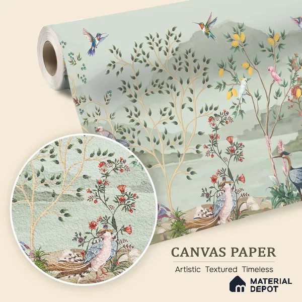 Songbirds of the Lemon Grove Artistic Charm Designer | WP 03998 B Canvas Texture Finish Tropical Style luxurious Customized size Wallpaper | 250 GSM WP01CNF Paper | (MOQ = 30 Sq. Ft.)