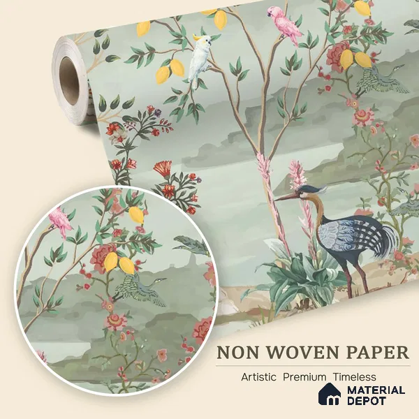 Songbirds of the Lemon Grove Artistic Charm Designer | WP 03998 Non Woven Matte Finish Tropical Style Premium Customized size Wallpaper | 150 GSM WP01MTF Paper | (MOQ = 30 Sq. Ft.)