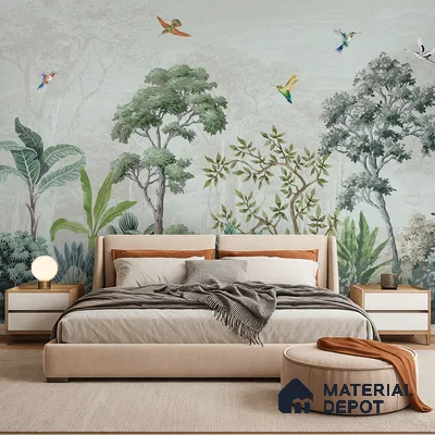 Hummingbirds in the Quiet Canopy Tropical Mist Nature Art | WP 03999 B Canvas Texture Finish Tropical Style luxurious Customized size Wallpaper | 250 GSM WP01CNF Paper | (MOQ = 30 Sq. Ft.)