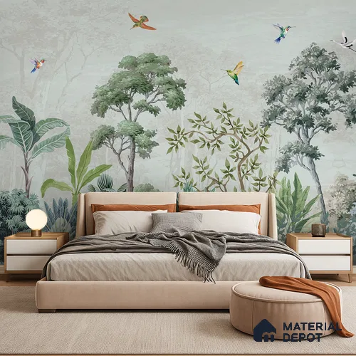 Hummingbirds in the Quiet Canopy Tropical Mist Nature Art | WP 03999 B Canvas Texture Finish Tropical Style luxurious Customized size Wallpaper | 250 GSM WP01CNF Paper | (MOQ = 30 Sq. Ft.)