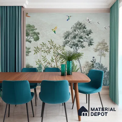 Hummingbirds in the Quiet Canopy Tropical Mist Nature Art | WP 03999 B Canvas Texture Finish Tropical Style luxurious Customized size Wallpaper | 250 GSM WP01CNF Paper | (MOQ = 30 Sq. Ft.)