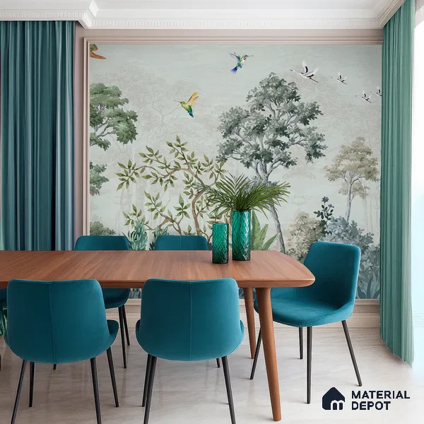 Hummingbirds in the Quiet Canopy Tropical Mist Nature Art | WP 03999 B Canvas Texture Finish Tropical Style luxurious Customized size Wallpaper | 250 GSM WP01CNF Paper | (MOQ = 30 Sq. Ft.)