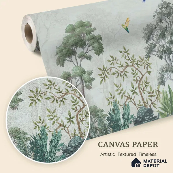 Hummingbirds in the Quiet Canopy Tropical Mist Nature Art | WP 03999 B Canvas Texture Finish Tropical Style luxurious Customized size Wallpaper | 250 GSM WP01CNF Paper | (MOQ = 30 Sq. Ft.)