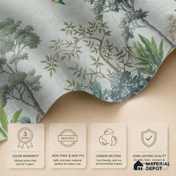 Hummingbirds in the Quiet Canopy Tropical Mist Nature Art | WP 03999 Non Woven Matte Finish Tropical Style Premium Customized size Wallpaper | 150 GSM WP01MTF Paper | (MOQ = 30 Sq. Ft.)