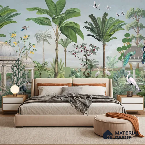 Peacocks of the Garden Pavilion Artistic Charm Designer | WP 04000 B Canvas Texture Finish Tropical Style luxurious Customized size Wallpaper | 250 GSM WP01CNF Paper | (MOQ = 30 Sq. Ft.)