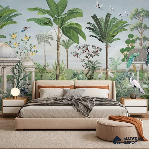 Peacocks of the Garden Pavilion Artistic Charm Designer | WP 04000 B Canvas Texture Finish Tropical Style luxurious Customized size Wallpaper | 250 GSM WP01CNF Paper | (MOQ = 30 Sq. Ft.)