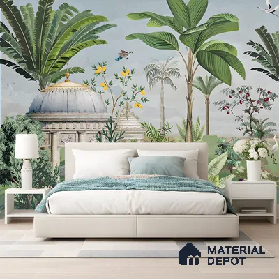 Peacocks of the Garden Pavilion Artistic Charm Designer | WP 04000 B Canvas Texture Finish Tropical Style luxurious Customized size Wallpaper | 250 GSM WP01CNF Paper | (MOQ = 30 Sq. Ft.)