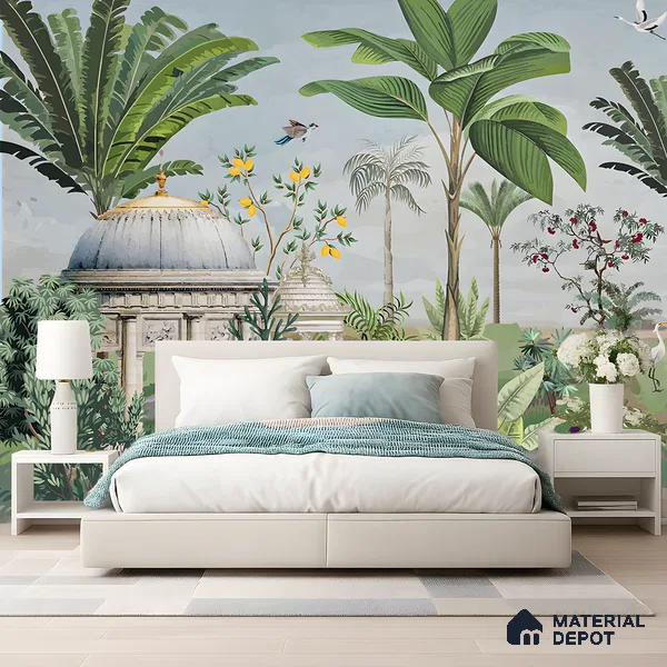 Peacocks of the Garden Pavilion Artistic Charm Designer | WP 04000 B Canvas Texture Finish Tropical Style luxurious Customized size Wallpaper | 250 GSM WP01CNF Paper | (MOQ = 30 Sq. Ft.)