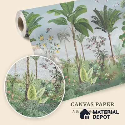 Peacocks of the Garden Pavilion Artistic Charm Designer | WP 04000 B Canvas Texture Finish Tropical Style luxurious Customized size Wallpaper | 250 GSM WP01CNF Paper | (MOQ = 30 Sq. Ft.)