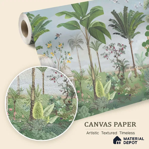 Peacocks of the Garden Pavilion Artistic Charm Designer | WP 04000 B Canvas Texture Finish Tropical Style luxurious Customized size Wallpaper | 250 GSM WP01CNF Paper | (MOQ = 30 Sq. Ft.)