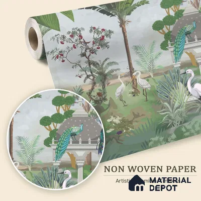 Peacocks of the Garden Pavilion Artistic Charm Designer | WP 04000 Non Woven Matte Finish Tropical Style Premium Customized size Wallpaper | 150 GSM WP01MTF Paper | (MOQ = 30 Sq. Ft.)