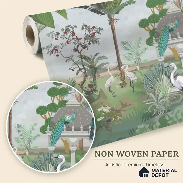 Peacocks of the Garden Pavilion Artistic Charm Designer | WP 04000 Non Woven Matte Finish Tropical Style Premium Customized size Wallpaper | 150 GSM WP01MTF Paper | (MOQ = 30 Sq. Ft.)