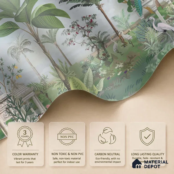 Peacocks of the Garden Pavilion Artistic Charm Designer | WP 04000 Non Woven Matte Finish Tropical Style Premium Customized size Wallpaper | 150 GSM WP01MTF Paper | (MOQ = 30 Sq. Ft.)