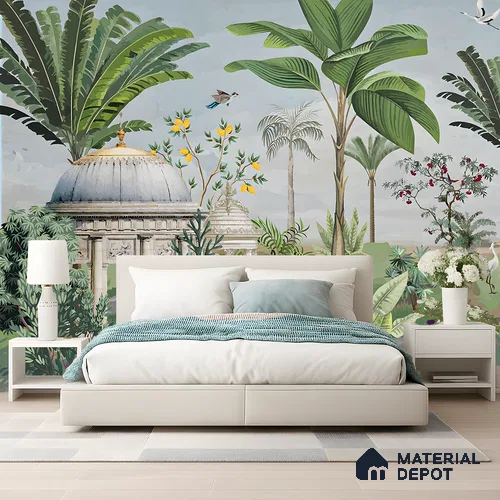 Peacocks of the Garden Pavilion Artistic Charm Designer | WP 04000 Non Woven Matte Finish Tropical Style Premium Customized size Wallpaper | 150 GSM WP01MTF Paper | (MOQ = 30 Sq. Ft.)