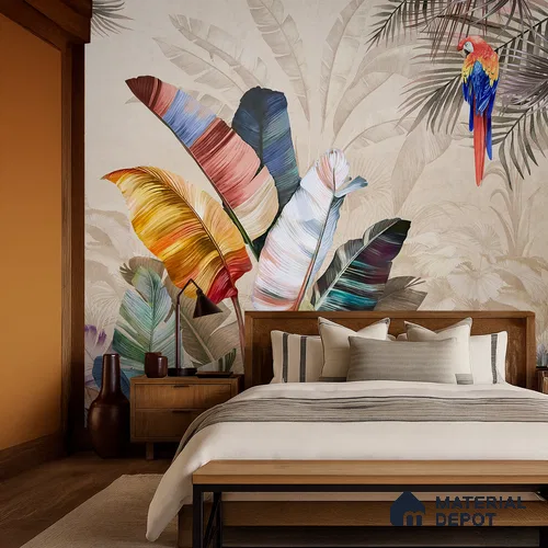 Feathers of the Painted Tropical Mist Nature Art | WP 04001 B Canvas Texture Finish Tropical Style luxurious Customized size Wallpaper | 250 GSM WP01CNF Paper | (MOQ = 30 Sq. Ft.) | Design change not possible