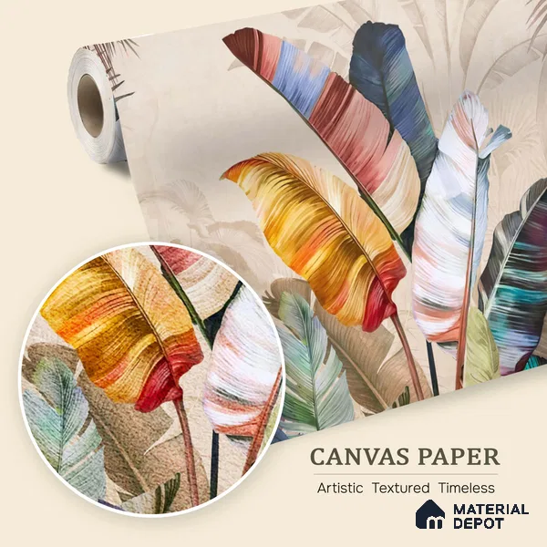 Feathers of the Painted Tropical Mist Nature Art | WP 04001 B Canvas Texture Finish Tropical Style luxurious Customized size Wallpaper | 250 GSM WP01CNF Paper | (MOQ = 30 Sq. Ft.) | Design change not possible
