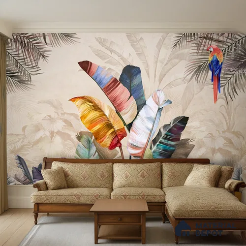 Feathers of the Painted Tropical Mist Nature Art | WP 04001 Non Woven Matte Finish Tropical Style Premium Customized size Wallpaper | 150 GSM WP01MTF Paper | (MOQ = 30 Sq. Ft.) | Design change not possible