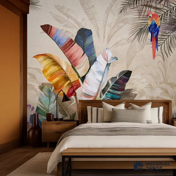 Feathers of the Painted Tropical Mist Nature Art | WP 04001 Non Woven Matte Finish Tropical Style Premium Customized size Wallpaper | 150 GSM WP01MTF Paper | (MOQ = 30 Sq. Ft.) | Design change not possible